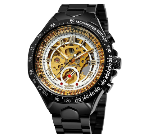 WINNER Automatic watch men Gold Luxury Stainless Steel Skeleton Mechanical Watches waterproof Luminous Watch 10