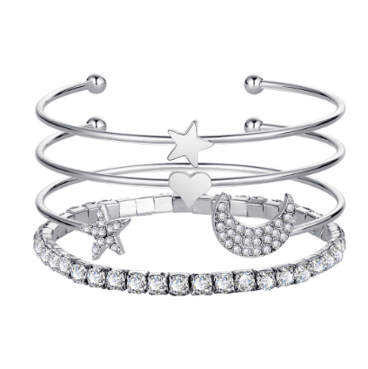 4PCS/Set Luxury Women Rhinestone Moon Star Open Cuff Bracelet Set