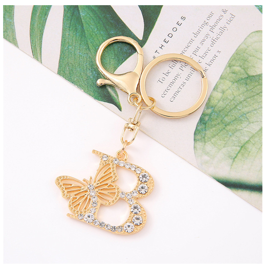 1Pcs Fashion Hollow Butterfly 26 Letter Keychains Luxury Rhinestone A-Z Initials Metal Keyrings Car Key Holder Bag Accessories B