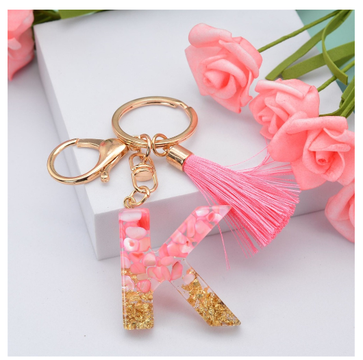 Pink Tassel Gold Foil 26 Letter Pendent Keychain for Women Resin Keyrings Girls Bag Ornamant Accessories Gifts K