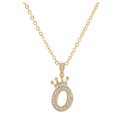 Luxury Crystal Zircon Alphabet Pendant Necklaces for Women Men Gold Crown Initial Letter Necklace O