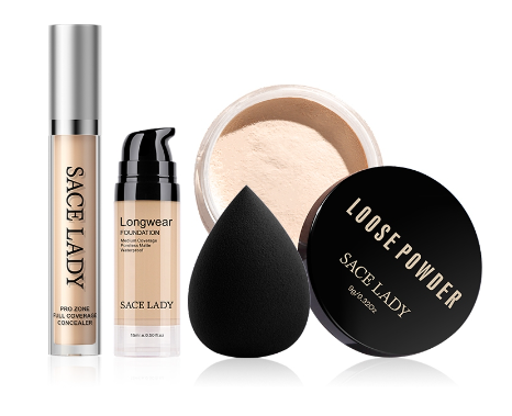 SACE LADY 4PCS Makeup Set Liquid Foundation+Full Coverage Concealer+Oil Control Loose Powder+Sponge