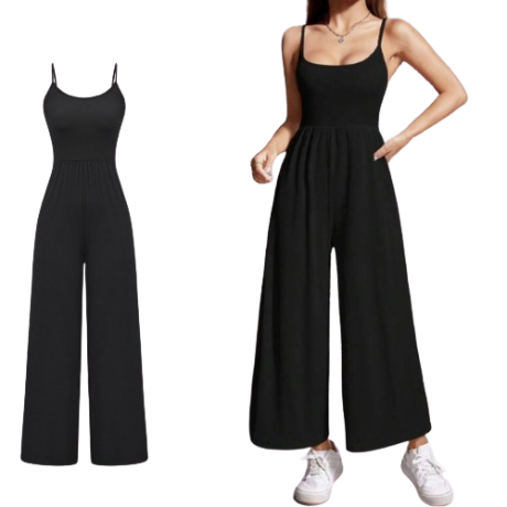 Lovito Women Cute Summer Basic Straight Leg Jumpsuit L65ED187 (Black)