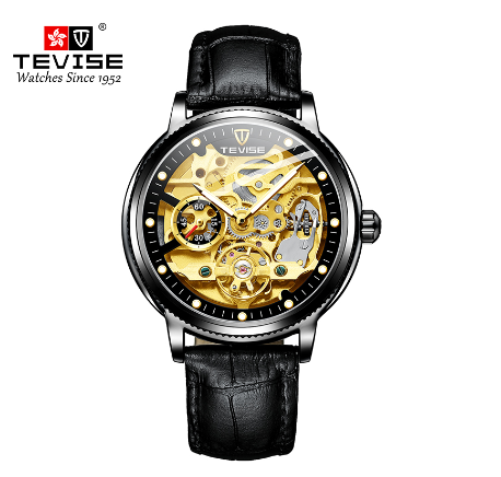 TEVISE Automatic watch for men Gold Luxury Skeleton Mechanical Watches waterproof Luminous Tourbillon Leather strap Men Watch 5