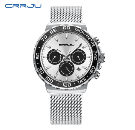 CRRJU Mens Watches Stainless Steel Waterproof Analog Quartz Fashion Business Multifunction Timing Auto Date 2300 X BLACK
