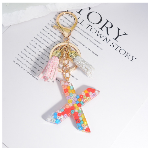 Colorful Beades Filled A-Z 26 Letter Keychains For Women Fashion Initials Keyring With Tassel Bag Pendant Accessories Souvenir X