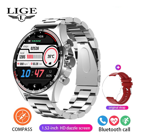 LIGE New GPS Smart Watch Men Outdoor Compass Sport Fitness Bracelet Bluetooth Call Clock Waterproof Steel Smartwatch STEEL SILVER
