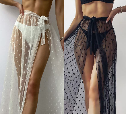 Dot Mesh Bandage Women Bikini Cover Ups Long Style Black White Female Cover Up