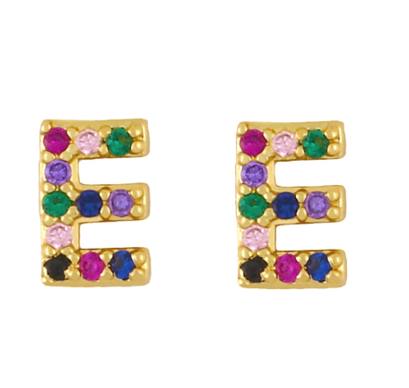 New European and American Fashion Gold 26 Letters Colorful Zircon Alphabet Stud Earrings Women Jewelry Gifts E