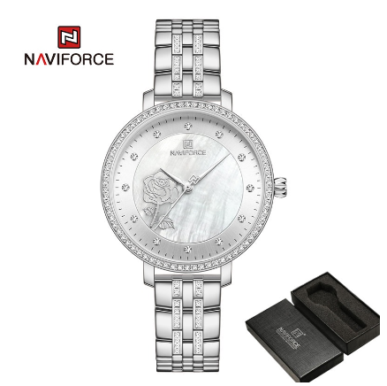 Naviforce Ladies Women Girl Luxury Brand Rose Gold Watches Creative Diamonds 3D Dial Elegant Bracelet Wristwatches SILVER