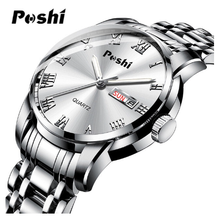 POSHI Original Men Wristwatch Automatic Week Calendar Waterproof Luxury Quartz Watch SILVER WHITE