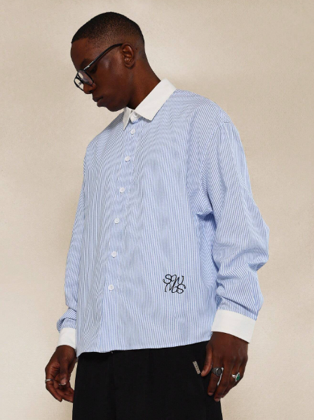 SUMWON Regular Fit Contrast Collar & Cuffs Pinstripe Shirt With Small Embroidery