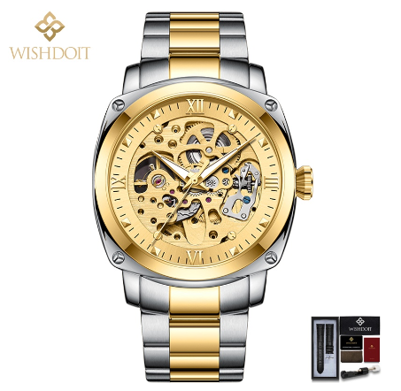 WISHDOIT Automatic Mechanical Watch for Men Original Waterproof Stainless Steel Silver Gold Business Fashion Trend LuminouS Watch SILVER  GOLD