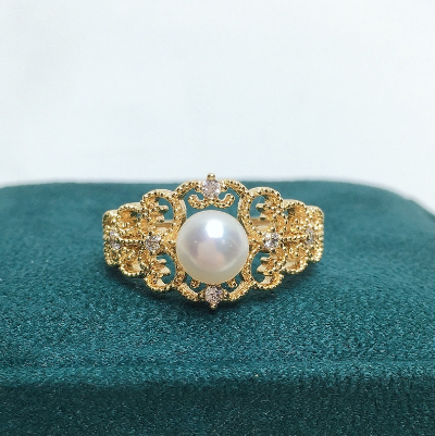 Vintage lace hollow pearl natural freshwater pearl ring with adjustable opening