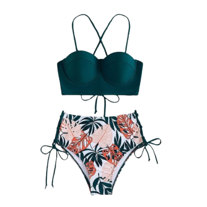 Lovito Women Boho Tropical Drawstring Bikini Sets LNL37117 (Green)