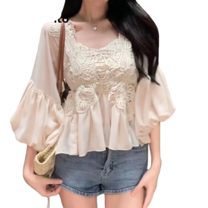 Lovito Women Contrast Mesh Embroidery Blouse Lne19119 (Apricot)