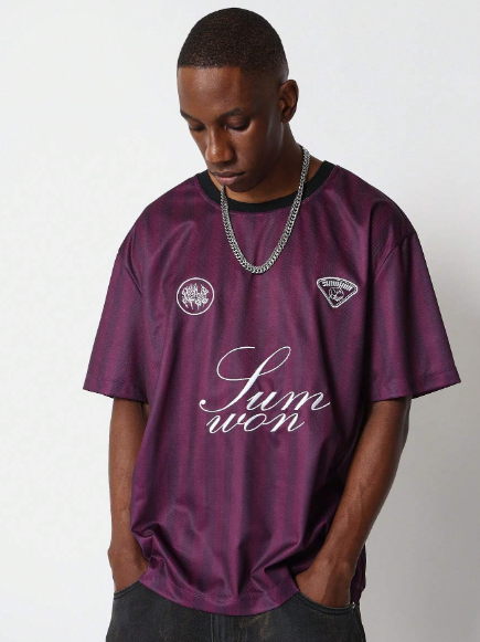 SUMWON Striped Mesh Tee With Embroidered Design College Ready