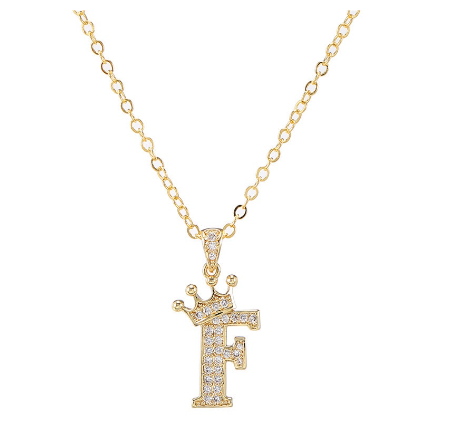 Luxury Crystal Zircon Alphabet Pendant Necklaces for Women Men Gold Crown Initial Letter Necklace F
