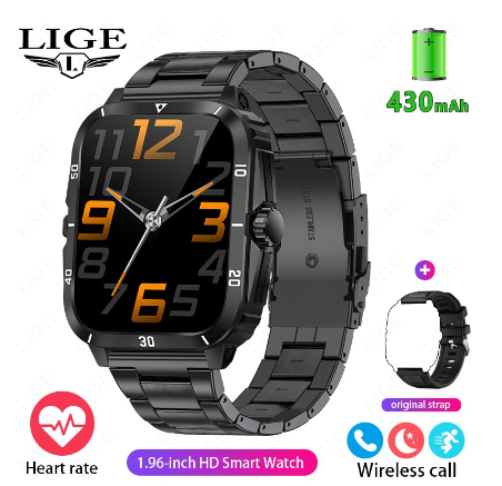 LIGE Original Smart Watch Men Full Touch HD Screen 600mAh Large Capacity Battery 100+ Sports Fitness WristWatch IP67 Waterproof Watch STEEL BLACK