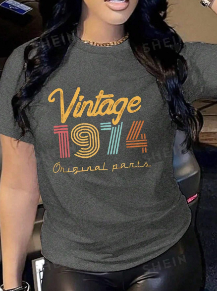 SHEIN LUNE Letter & Number Print Round Neck Short Sleeve T-Shirt, Vintage 1974 Graphic Tee Summer Casual Top