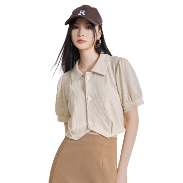 Lovito Women Casual Plain Button Front Puff Sleeve Blouse L64AD015 (Light Khaki)