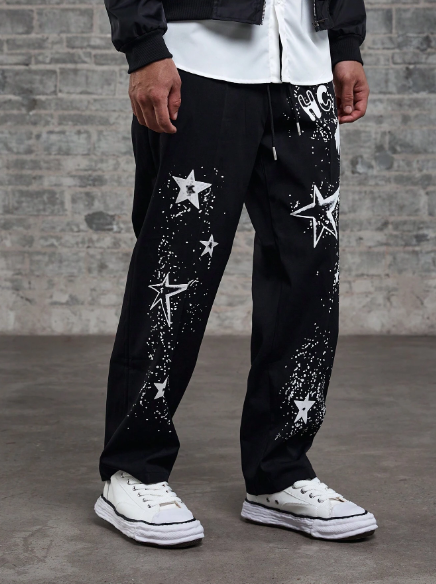 Manfinity EMRG Men Letter & Five-Pointed Star Pattern Drawstring Waist Straight Leg Casual Pants