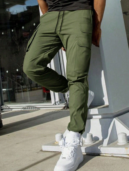 Manfinity LEGND Cargo Men Pants,Men's Pocket Design Drawstring Workwear Casual Pants
