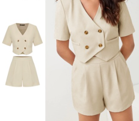 Lovito Women Casual Plain Button Pocket Crop Shorts Sets L71ED122 Apricot Set/Apricot Suit/Apricot Shorts/Black Suit/Black