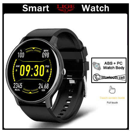 LIGE Men Full Touch Screen Sport Fitness Smart Watch IP67 Waterproof WristWatch BLACK