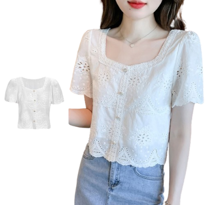 Lovito Women Eyelet Embroidery Button Front Blouses L68ED013 (White)