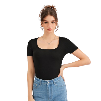 Lovito Casual Plain Basic Square Neck High Elasticity Bodysuit L30ED003 (Black)