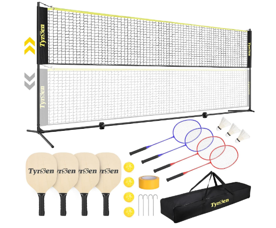 Portable Pickleball Badminton Net Set, 17FT Adjustable Heights All-in-One Net w/4 Pickleball Paddles 4 Badminton Rackets, Freestanding Pickleball Badminton Net for Backyard Family Sports