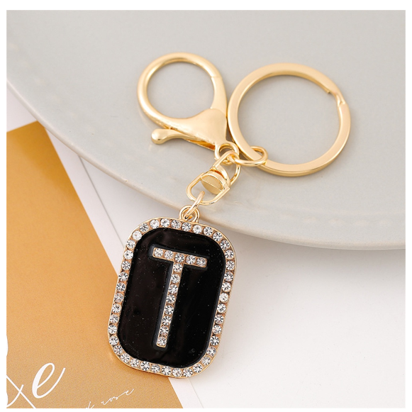 Exquisite Rhinestone 26 Letter Keychain Simple Black Enamel Initials Keyrings For Women Bag Pendant Ornament Car Keyholder Gifts T