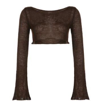 New Style Flare Sleeve See Through Knit Cropped T-shirt