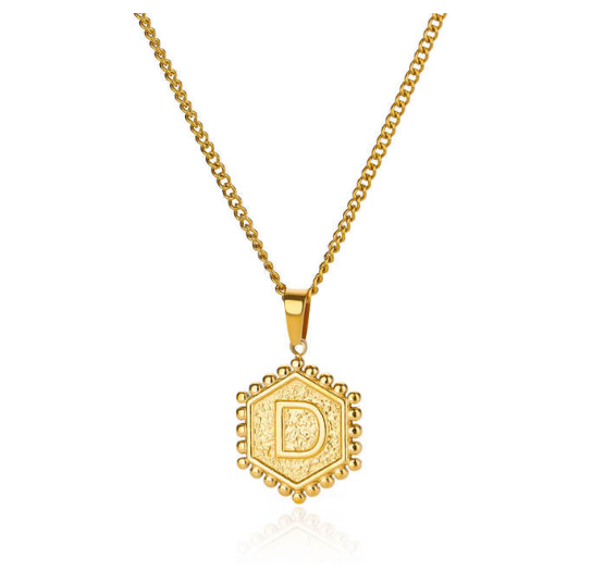 Fashion Hexagon A-Z Letter Necklaces For Women Stainless Steel Initial Hexagon Pendant Necklace D