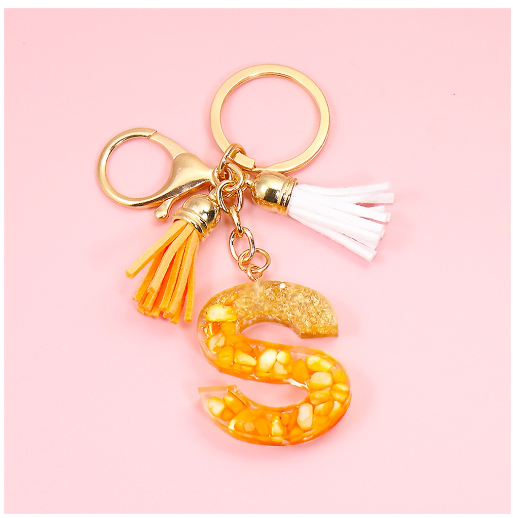 Tassel Gold Foil A-Z 26 Letter Pendent Keychain for Women Orange Resin Keyrings Girls Bag Ornamant Accessories Charms Gifts S