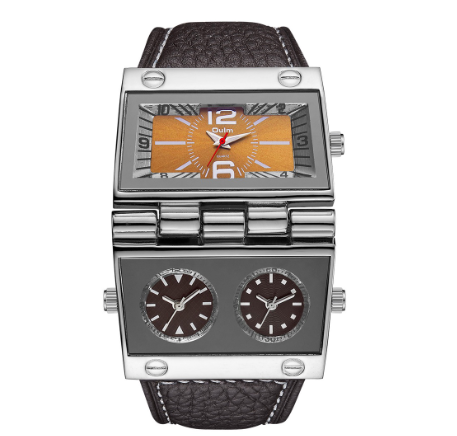 Oulm Unique Design Men's Watch Three Time Zone Men's Military Watches Punk Style Leather Strap Wristwatch BROWN