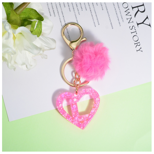 Pink Heart A-Z 26 Initials Keychain With Furball Fashion Letter Resin Keyring For Women Bag Ornaments Car Key Accessories Gifts L