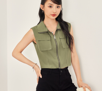 Lovito Casual Plain Pocket Zipper Sleeveless Crop Tops for Women L53AD015 Army Green