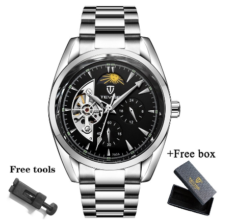 TEVISE Watch for men Automatic analog Skeleton Gold Luxury Stainless Steel Strap Waterproof Tourbillon 795A 10