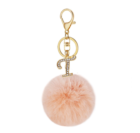 New 26 Letter Rhinestone Alloy Keychain Charm Girls Pink Pompom Key Ring Car Key Holder Women Bag Ornaments Accessories T
