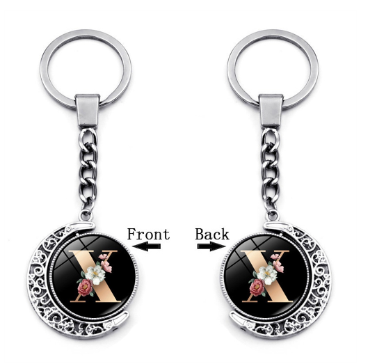 1PC Exquisite 26 Letter Glass Keychains Double Sides Moon Flower A-Z Initials Keyrings Handbag Charms Ornaments Gifts X