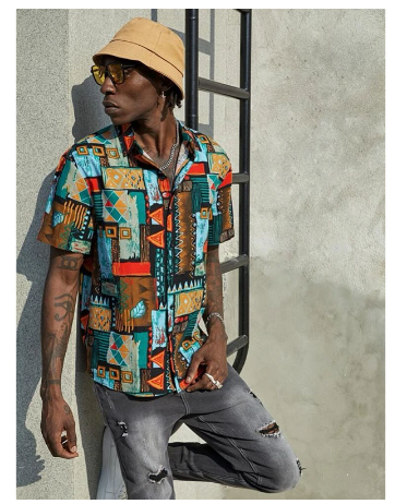 Men's Retro Boho Summer Beach Hawaii Short Sleeve Shirt Loose Button Up Lapel Floral Polo Shirt