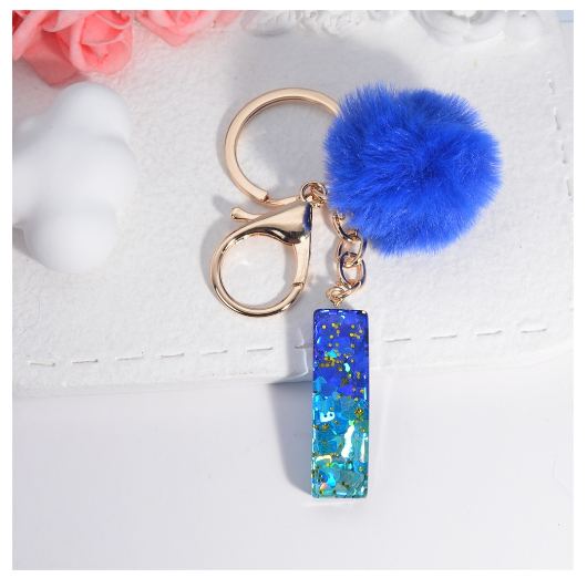Exquisite Blue Pompom A-Z 26 Letter Keychain Glitter Heart Sequin Filled Initials Keyrings Bag Accessories Charm Car Keyholder I