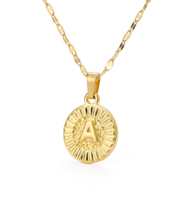 Maxzone A-Z Initial Round Letter Pendant Necklace For Women Stainless Steel Gold Choker Coin Letter Necklace A