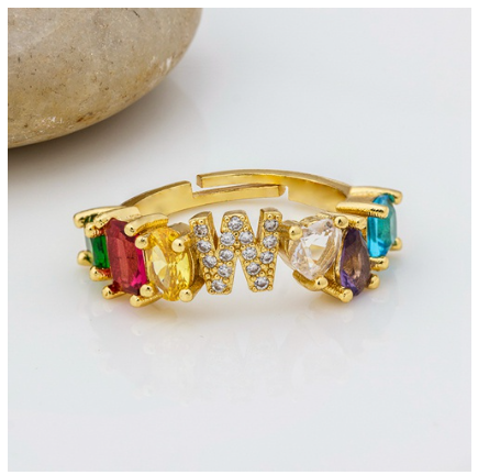 Hot Sale Adjustable A-Z 26 Initial Ring Bohemian Copper Zircon Rainbow Letter Rings for Women Girls Jewelry W