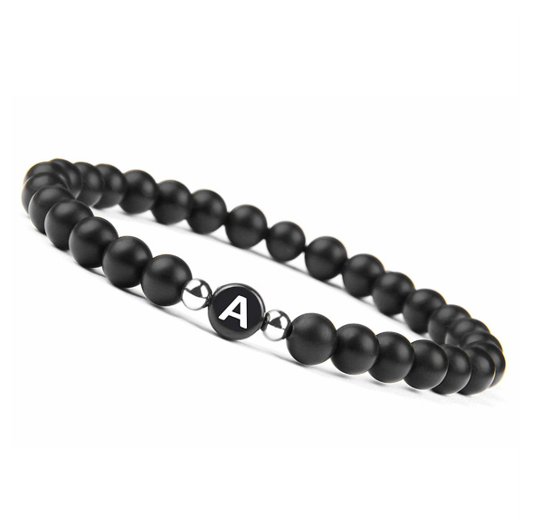 6mm Black Frosted Stone Beaded Bracelet Unisex 26 Initials Letters Name Bracelet With Elastic Rope For Couple Friendship Gifts A