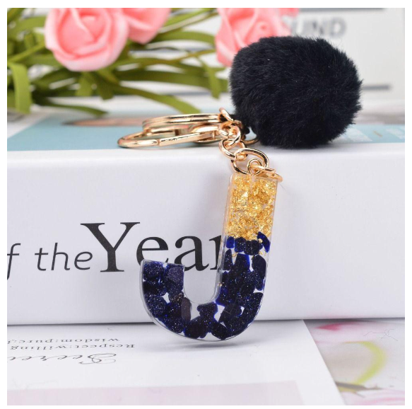 Lanfy Black Pompom Letter Keychain 26 Letter Initials Alphabet A To Z 26 Alphabet Keyring Cute A To Z 26 Black Pompom Resin Birthday Gifts J