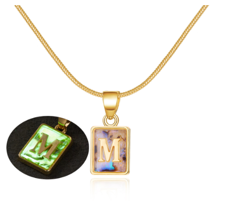 18K Gold 26 Letter Square Colorful Nightlight Pendant Snake Bone Chain Necklace English Letter Pendant Necklace M