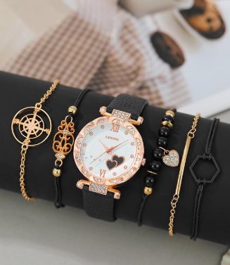 Waterproof Black Leather Strap Watch for Women with Bracelets